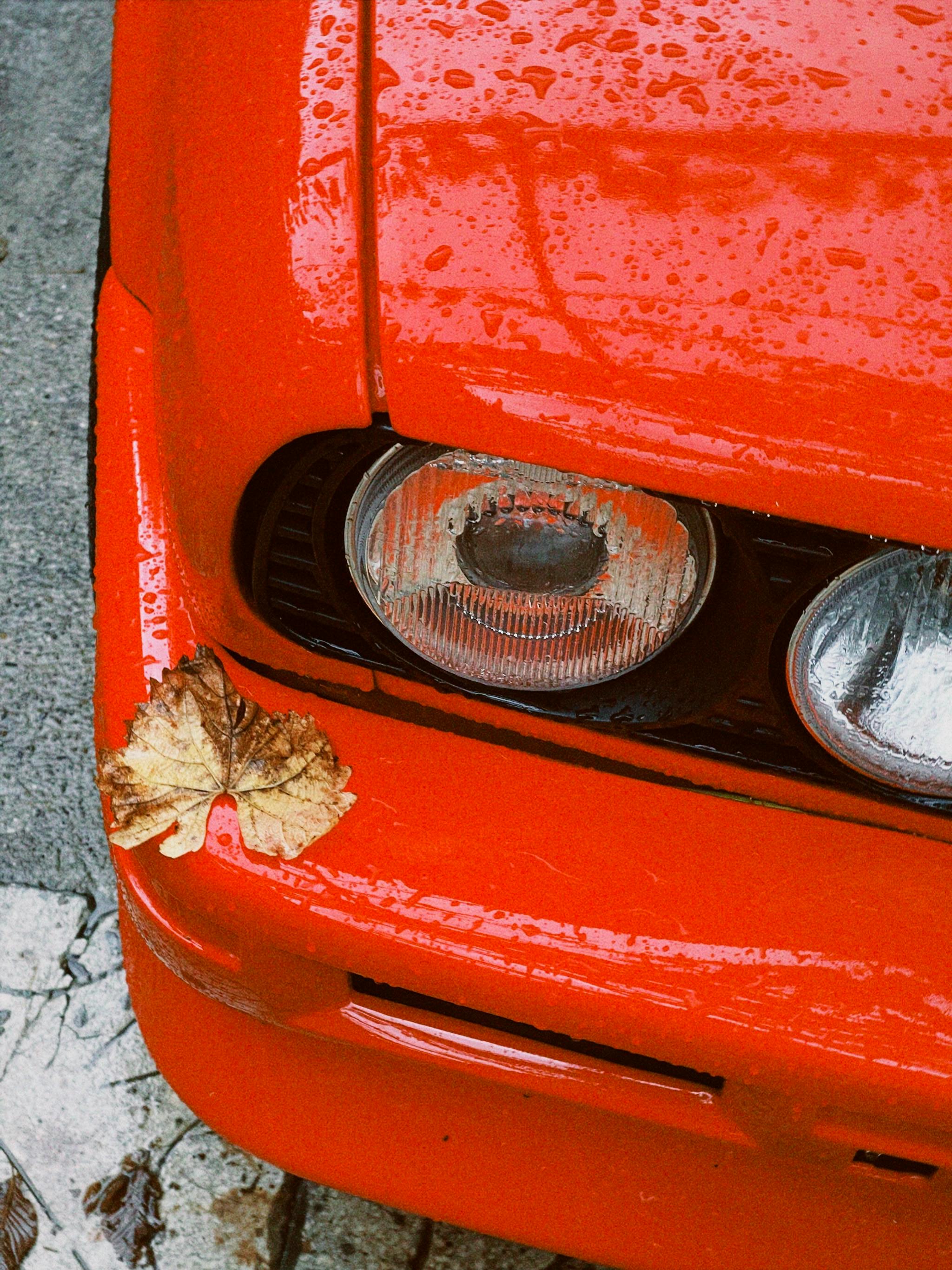 Close-up of a vibrant red car hood with raindrops and a dry leaf resting on the surface, highlighting vehicle care and maintenance themes relevant to collision repair services.