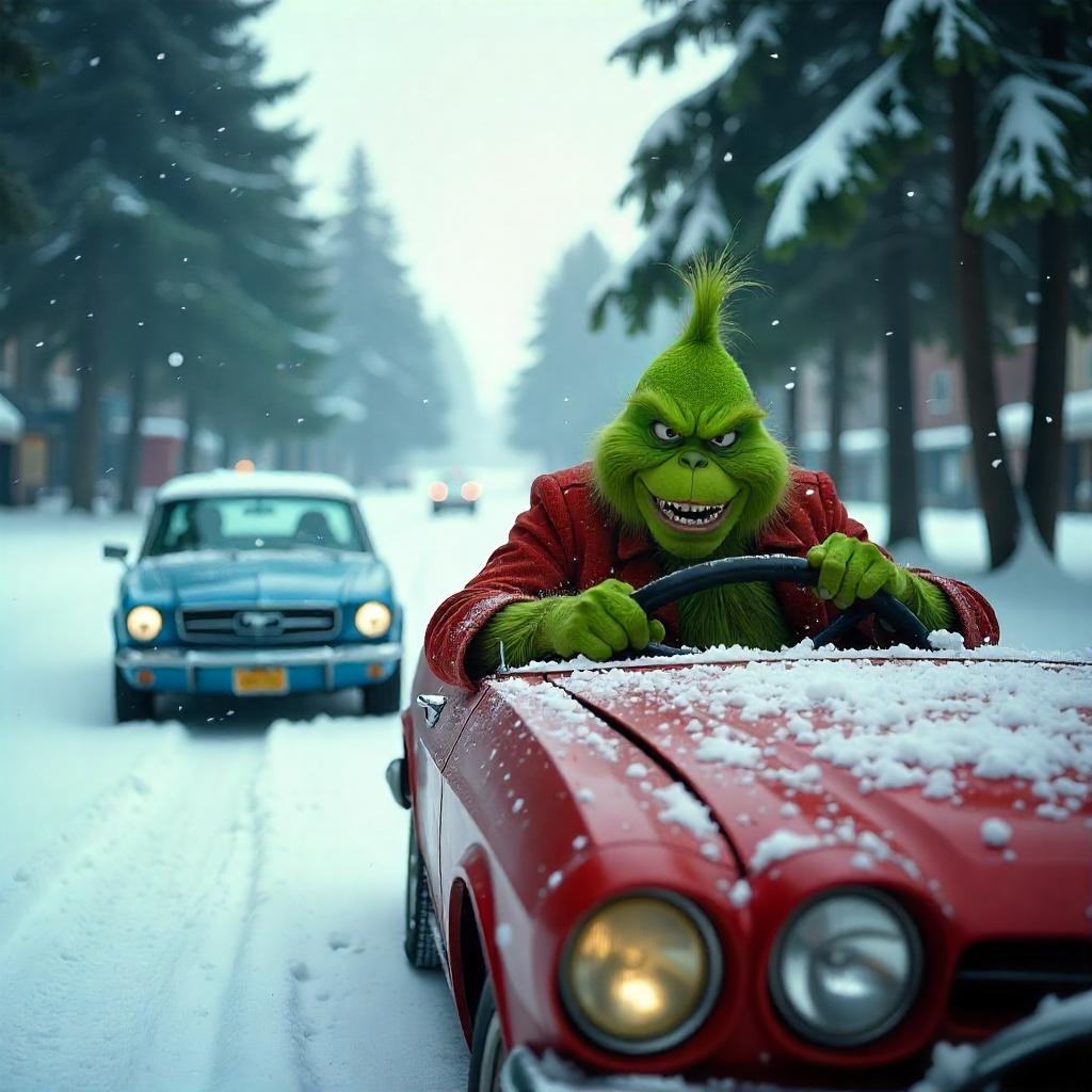 Grinch driving a red car in snowy San Antonio, highlighting holiday traffic hazards and collision risks.