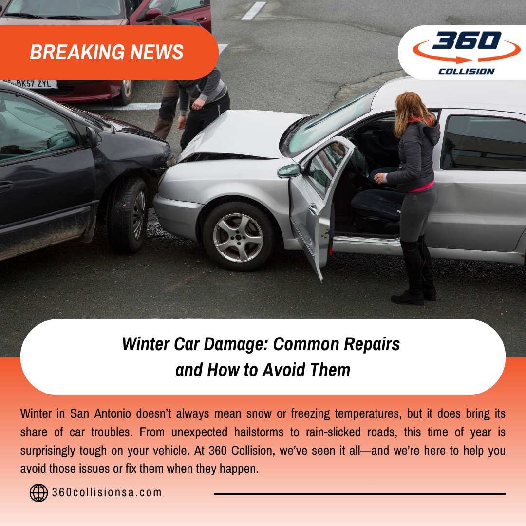 Car accident scene with a damaged black vehicle and a white car, featuring two individuals inspecting the damage, highlighting common winter car issues addressed by 360 Collision in San Antonio.