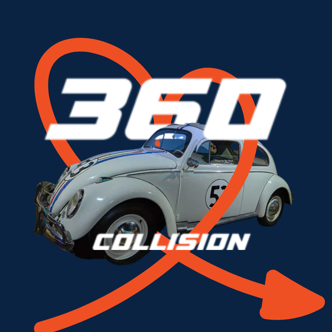 360 Collision logo featuring a classic white car with racing stripes, surrounded by a heart shape, emphasizing vehicle care and maintenance in San Antonio, Texas.