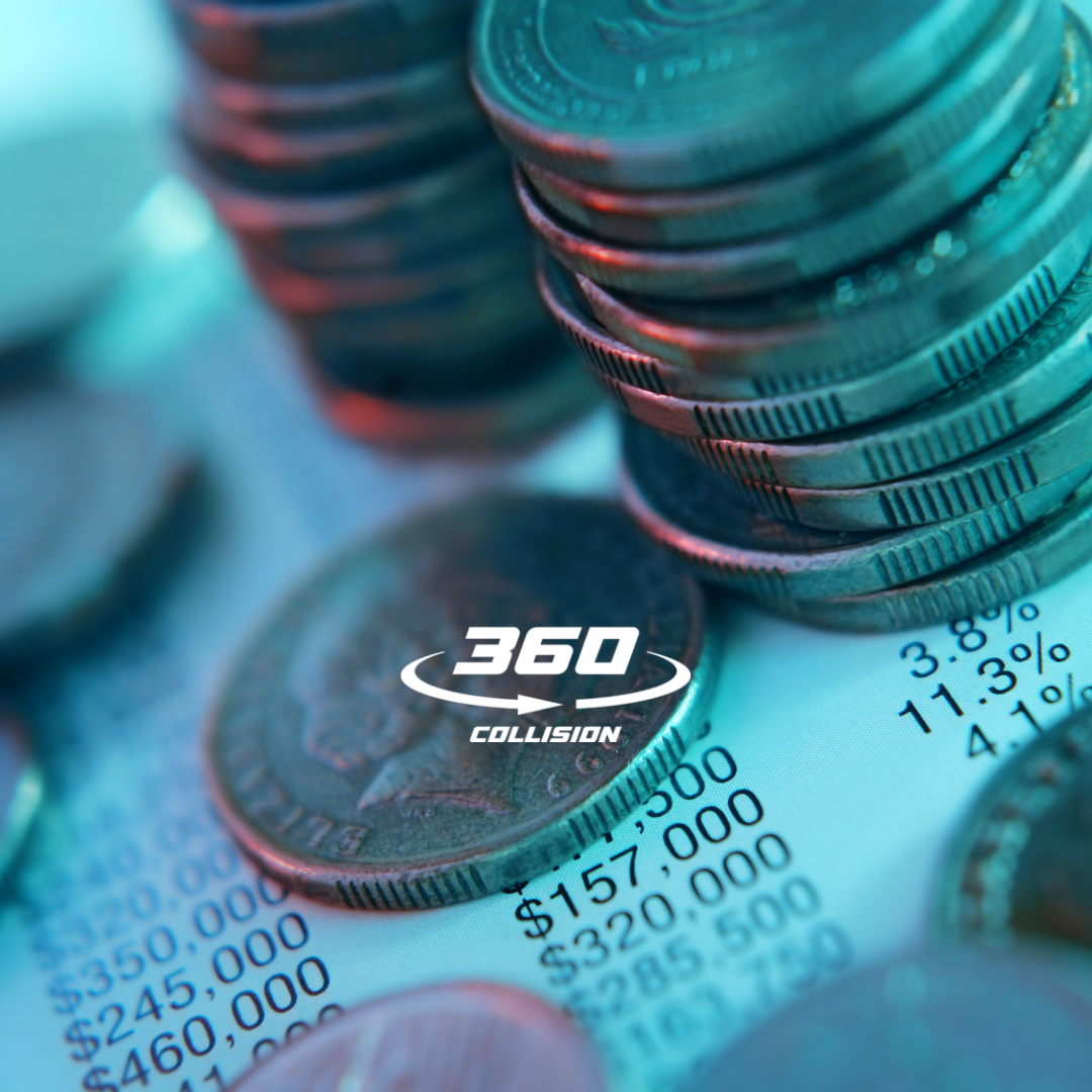 Coins stacked on a financial document with "360 COLLISION" logo, highlighting collision repair cost estimates in San Antonio.