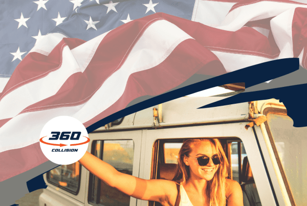 Woman in sunglasses smiling while leaning out of a vehicle, with a backdrop of the American flag and the 360 Collision logo, representing a trusted auto body repair shop in San Antonio.