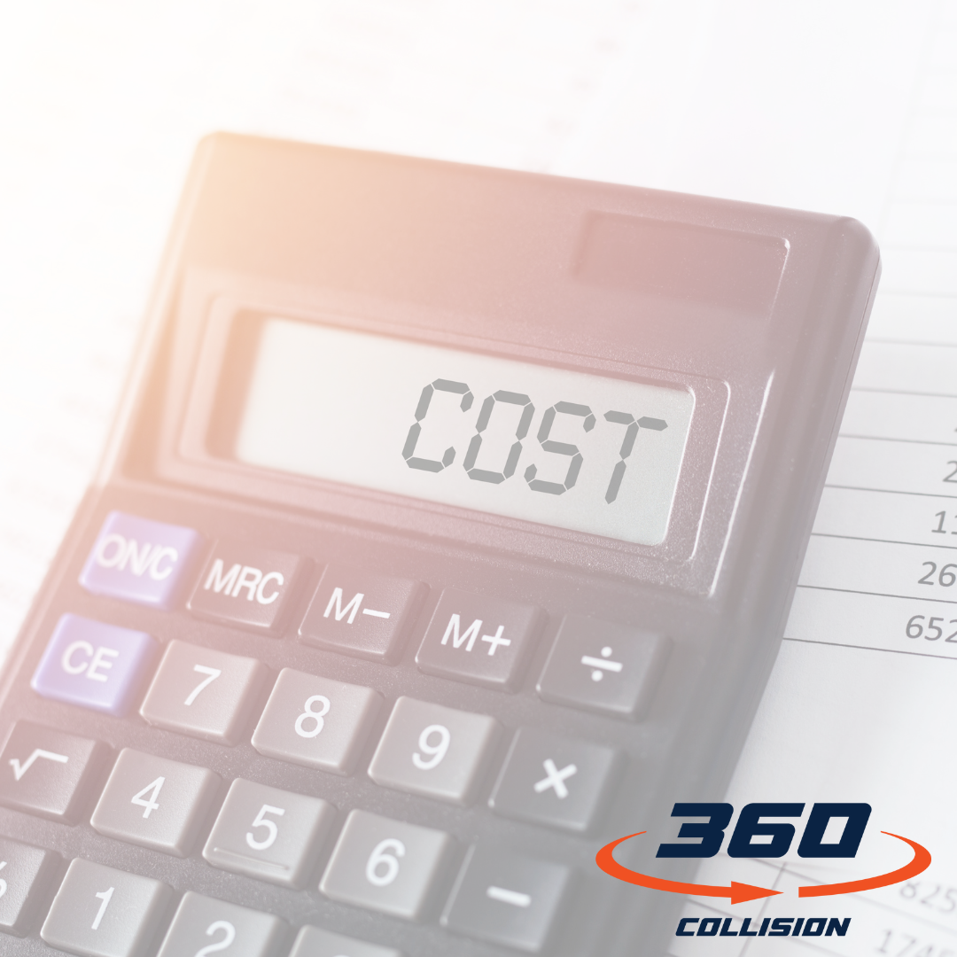 Calculator displaying "COST" with 360 Collision logo, representing collision repair pricing and estimates in San Antonio.