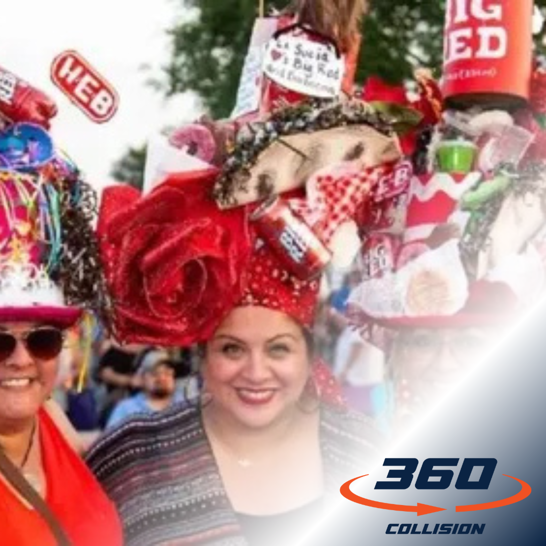 Women wearing colorful, elaborate hats decorated with festive elements, celebrating at a San Antonio festival, with 360 Collision branding in the corner, highlighting local culture and event-related vehicle damage awareness.