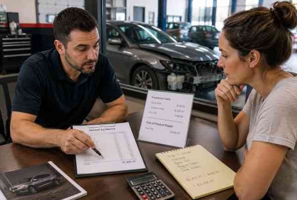 Collision repair advisor comparing insurance claim and out-of-pocket repair costs with a customer at a San Antonio auto body shop