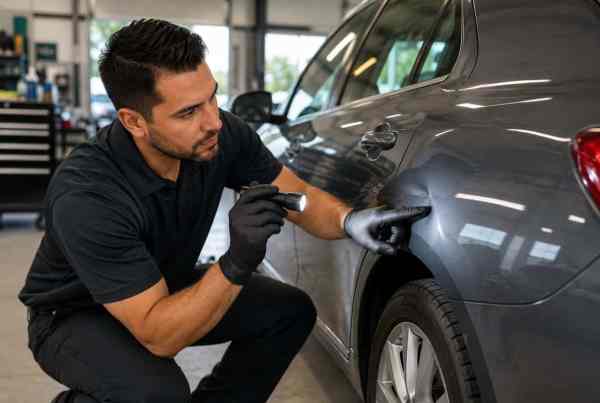 Auto body technician inspecting small dent damage on a car door with a flashlight in San Antonio