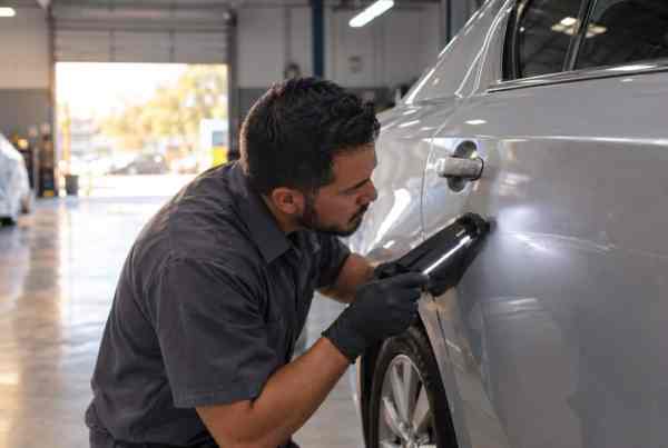 Auto body technician inspecting a scratch on a car door panel under a work light in a San Antonio collision shop