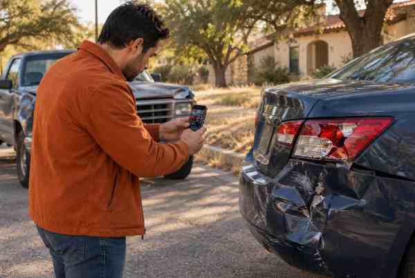 Hit by an Uninsured Driver in Texas: What to Do Next 3 Driver photographing rear bumper and taillight damage after being hit by an uninsured driver in San Antonio, Texas