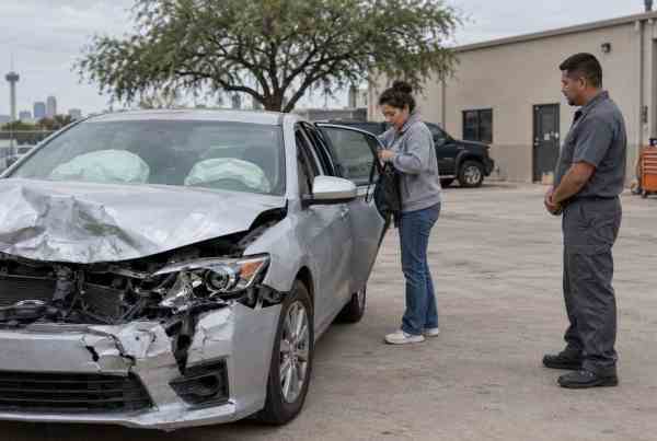 Silver sedan with heavy front end damage and deployed airbags at a San Antonio collision shop after a total loss